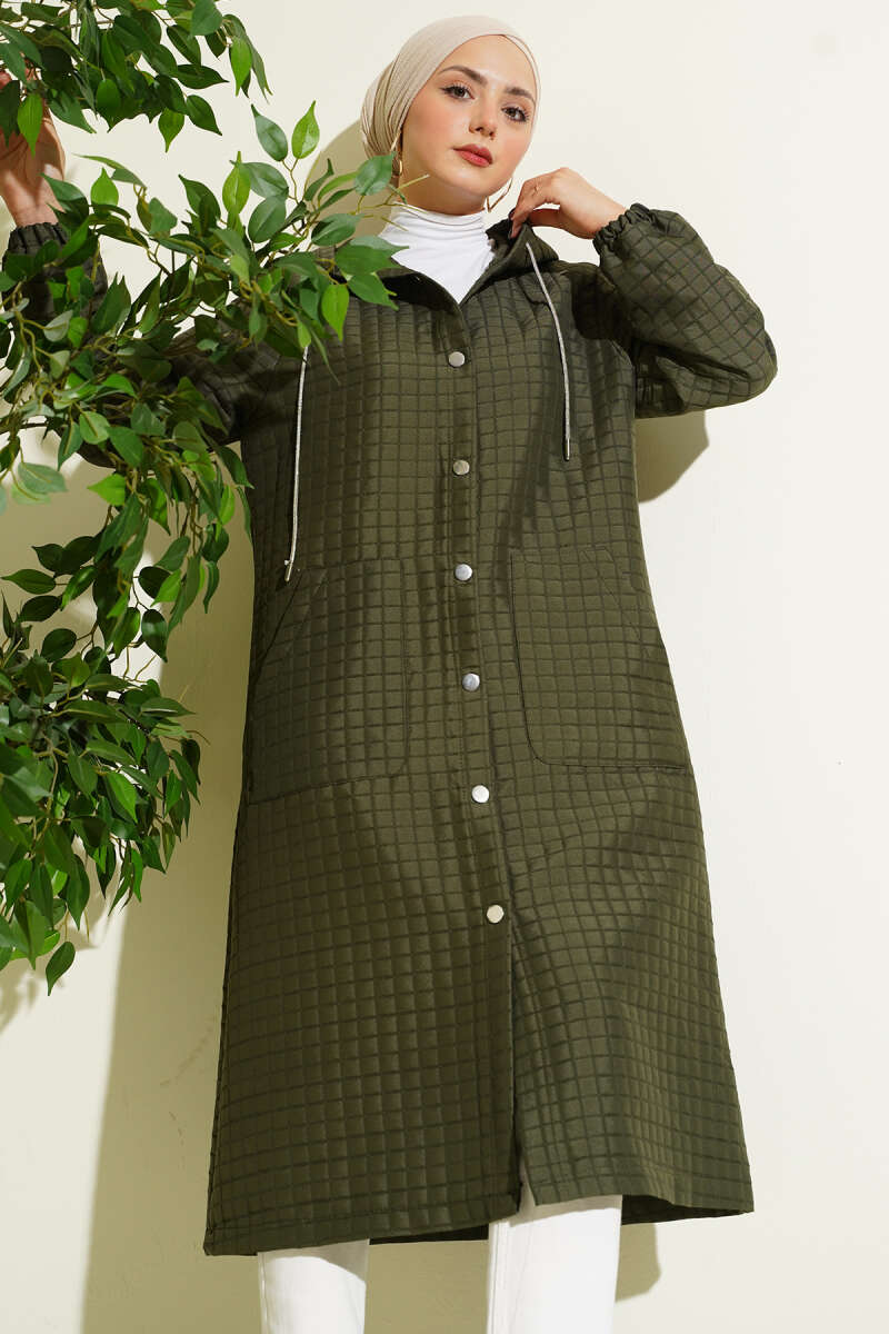 Hooded Quilted Cape with Snap Buttons - Khaki
