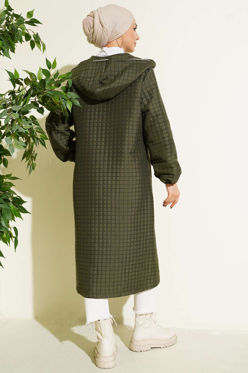Hooded Quilted Cape with Snap Buttons - Khaki