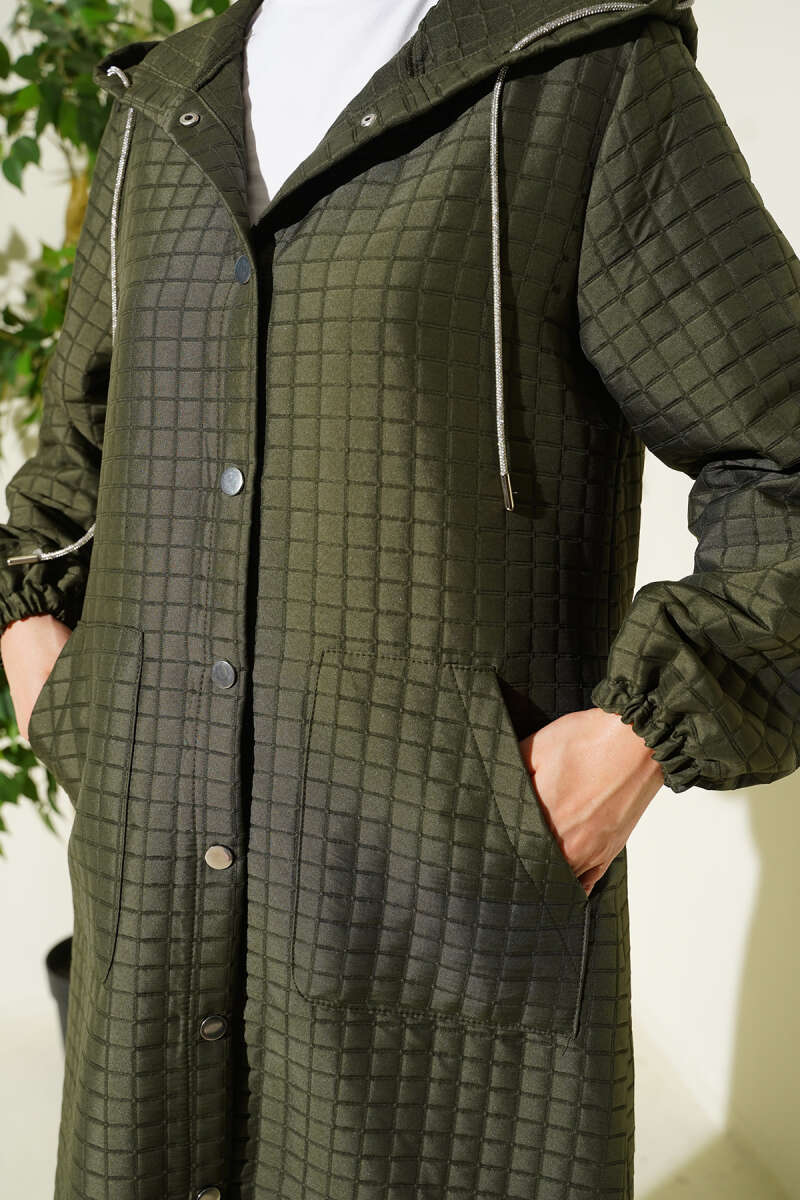 Hooded Quilted Cape with Snap Buttons - Khaki