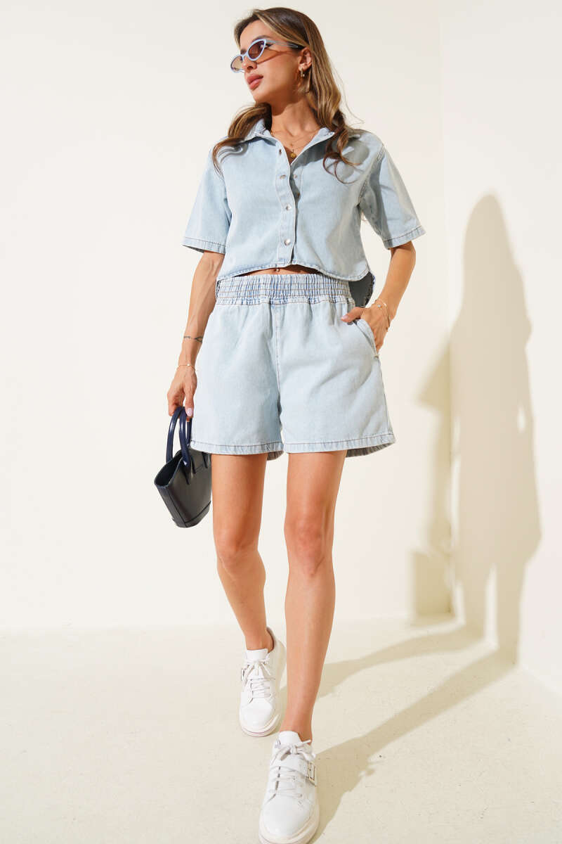 Snap-Button Denim Shorts Set - Light Wash
