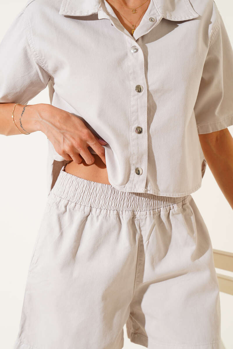 Snap-Button Denim Shorts Set - Beige