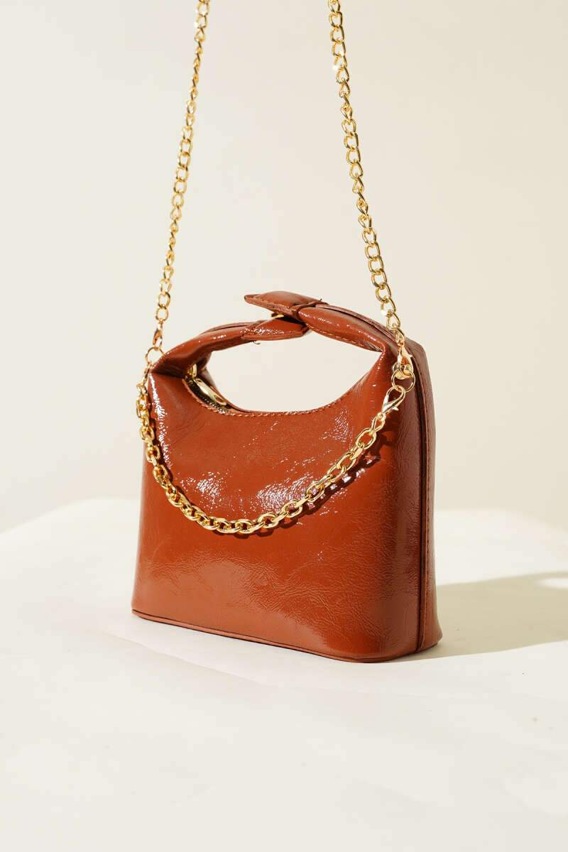 Patent Bag with Snap Handle and Chain Strap - Tan