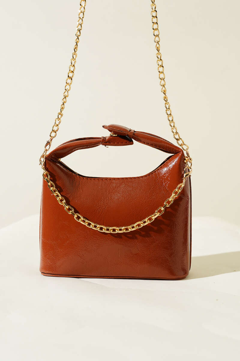 Patent Bag with Snap Handle and Chain Strap - Tan