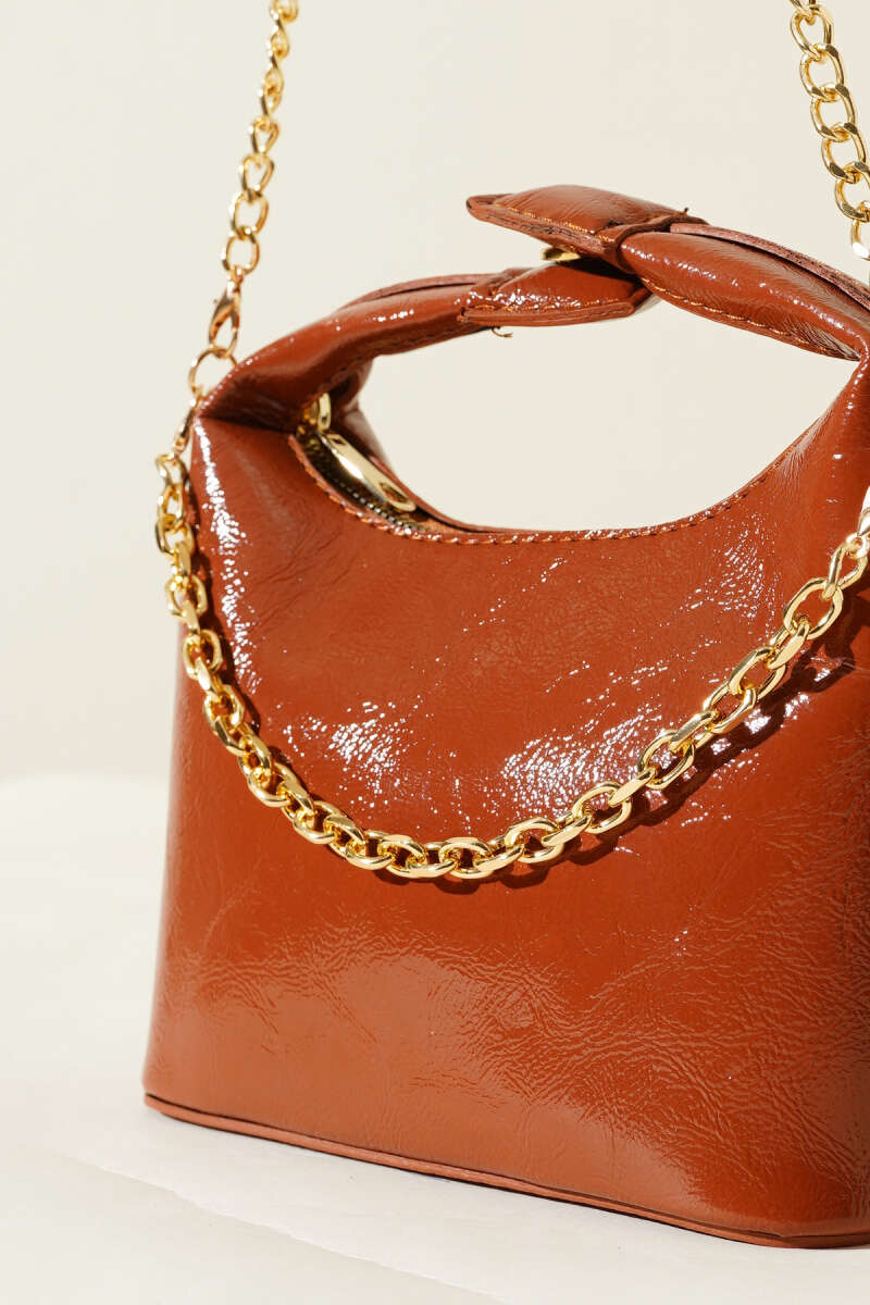 Patent Bag with Snap Handle and Chain Strap - Tan