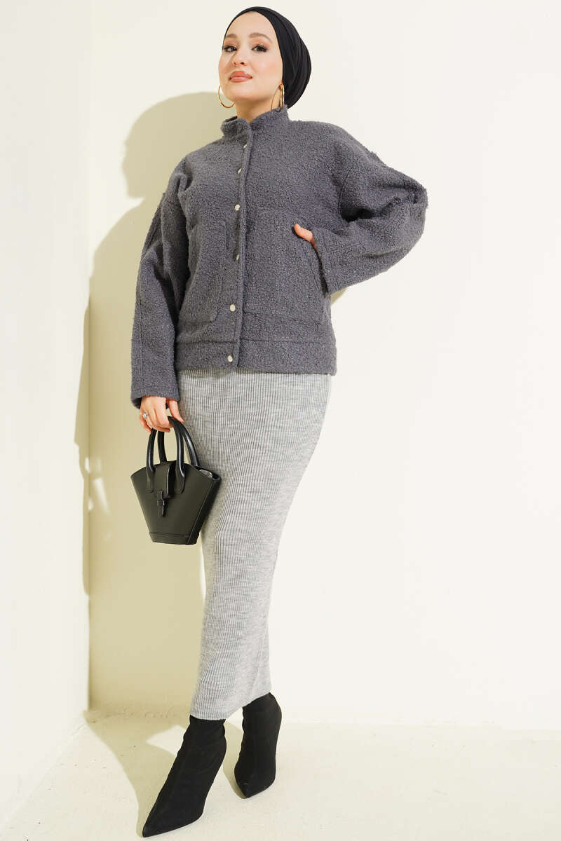 Bouclé Snap-Button Jacket with Pockets - Smoke Grey