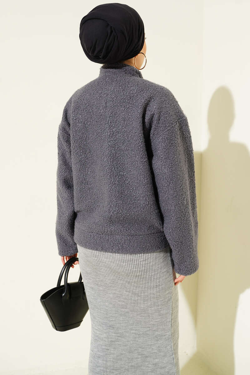 Bouclé Snap-Button Jacket with Pockets - Smoke Grey