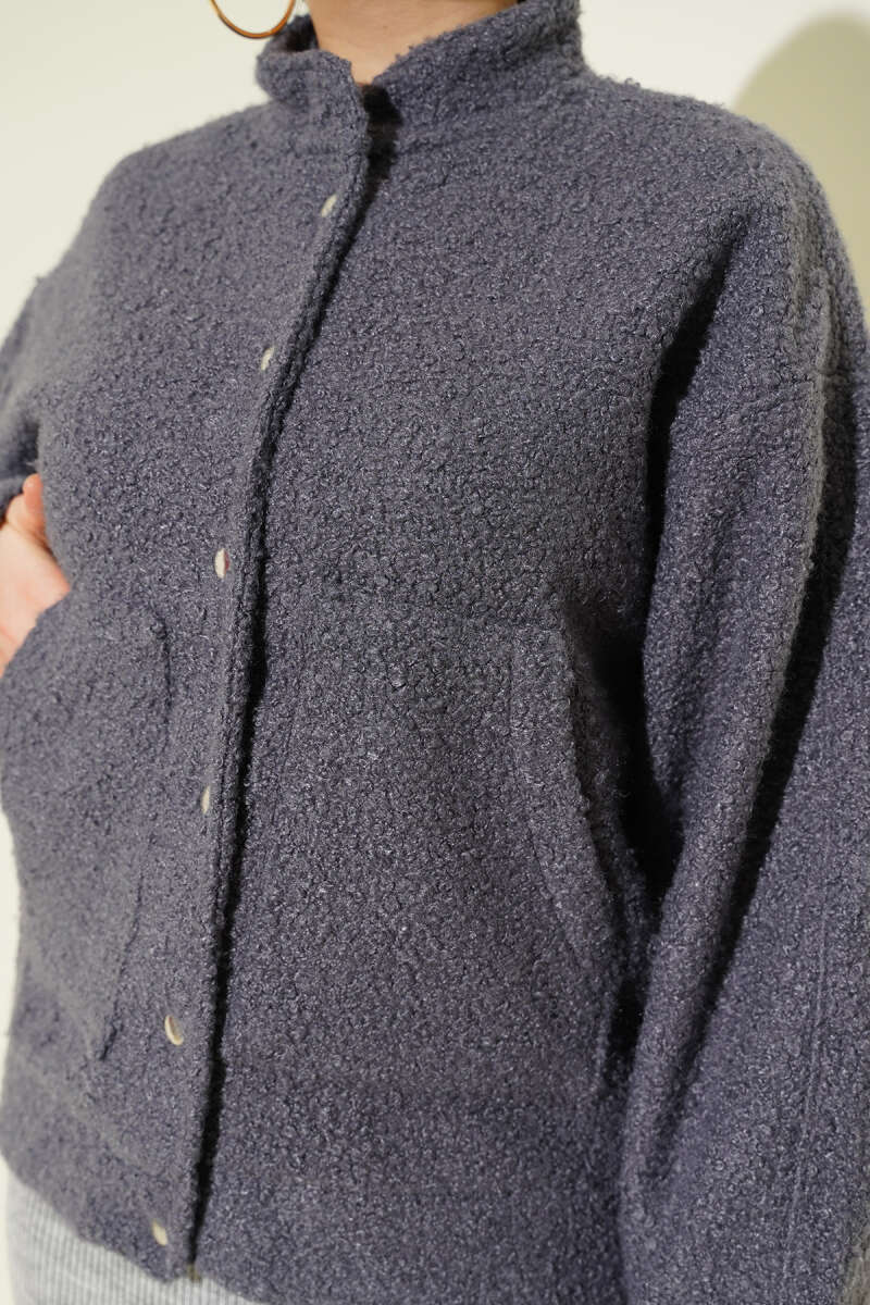 Bouclé Snap-Button Jacket with Pockets - Smoke Grey