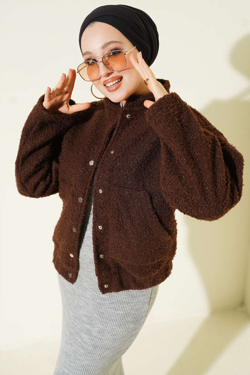 Bouclé Snap-Button Jacket with Pockets - Brown