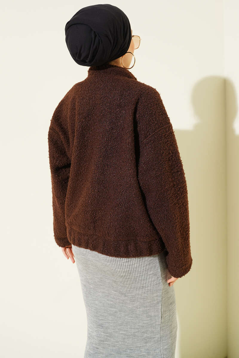 Bouclé Snap-Button Jacket with Pockets - Brown