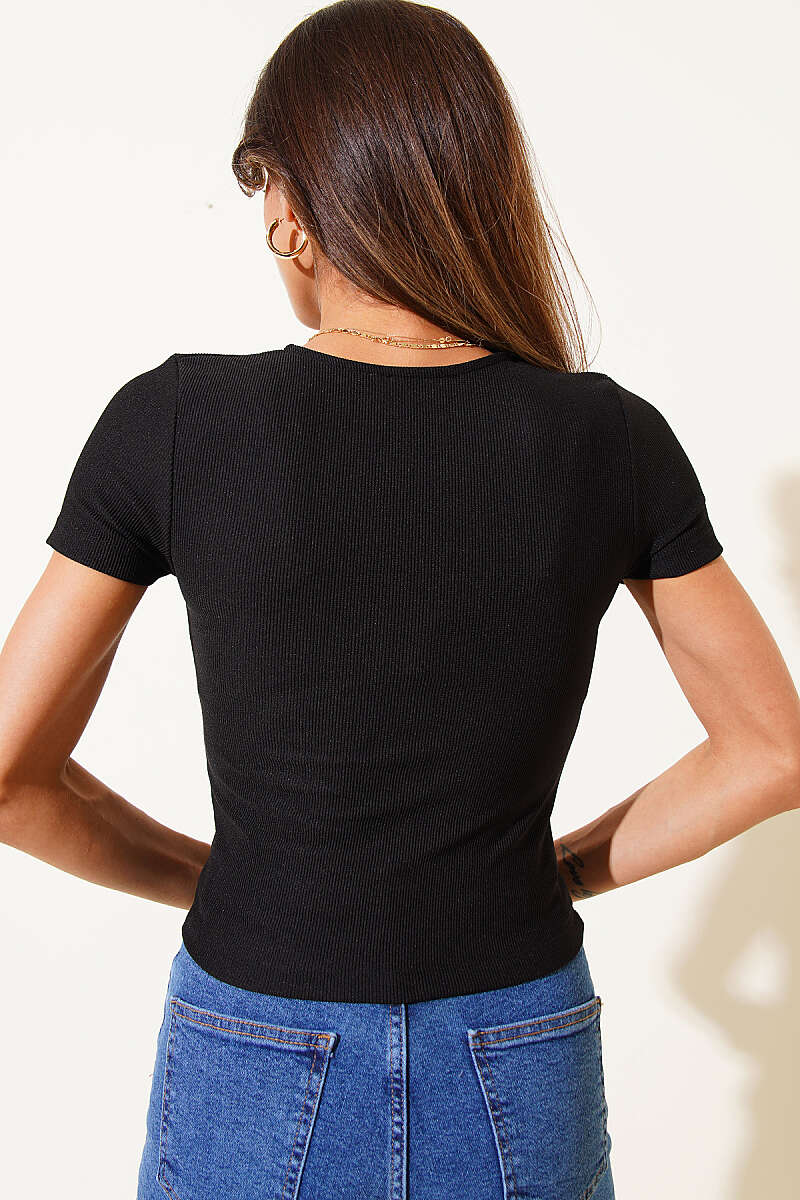 Short-Sleeve Snap-Button Ribbed Blouse - Black
