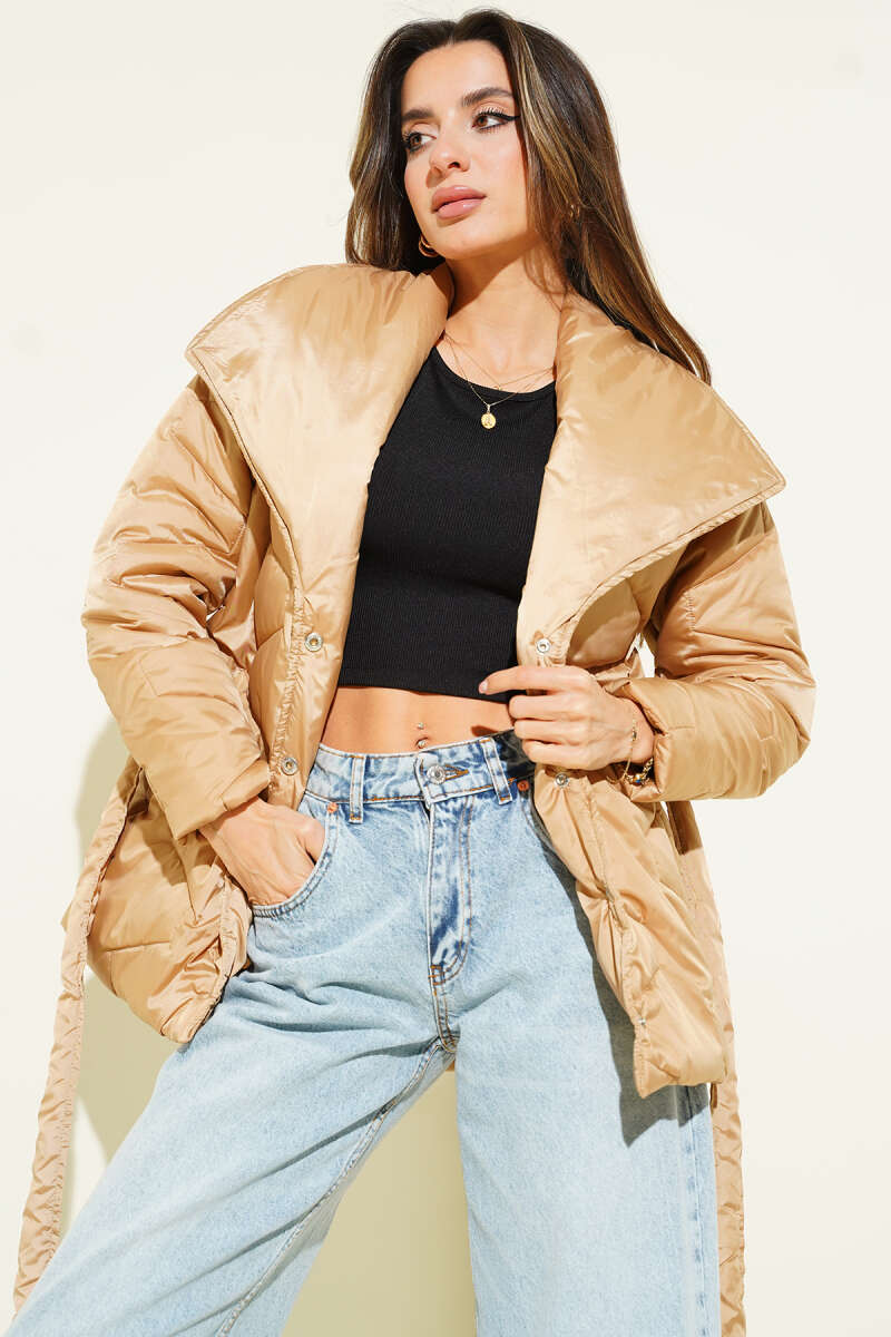 Short Belted Snap-Button Puffer Jacket - Camel