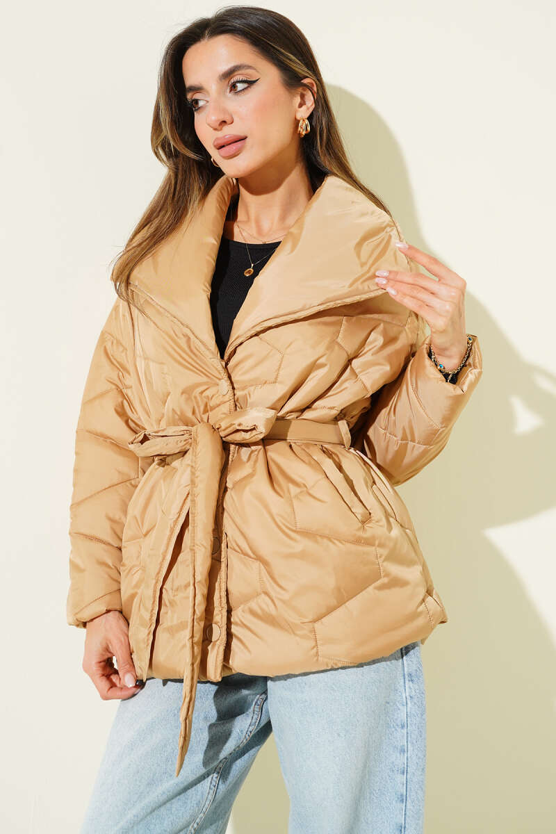 Short Belted Snap-Button Puffer Jacket - Camel