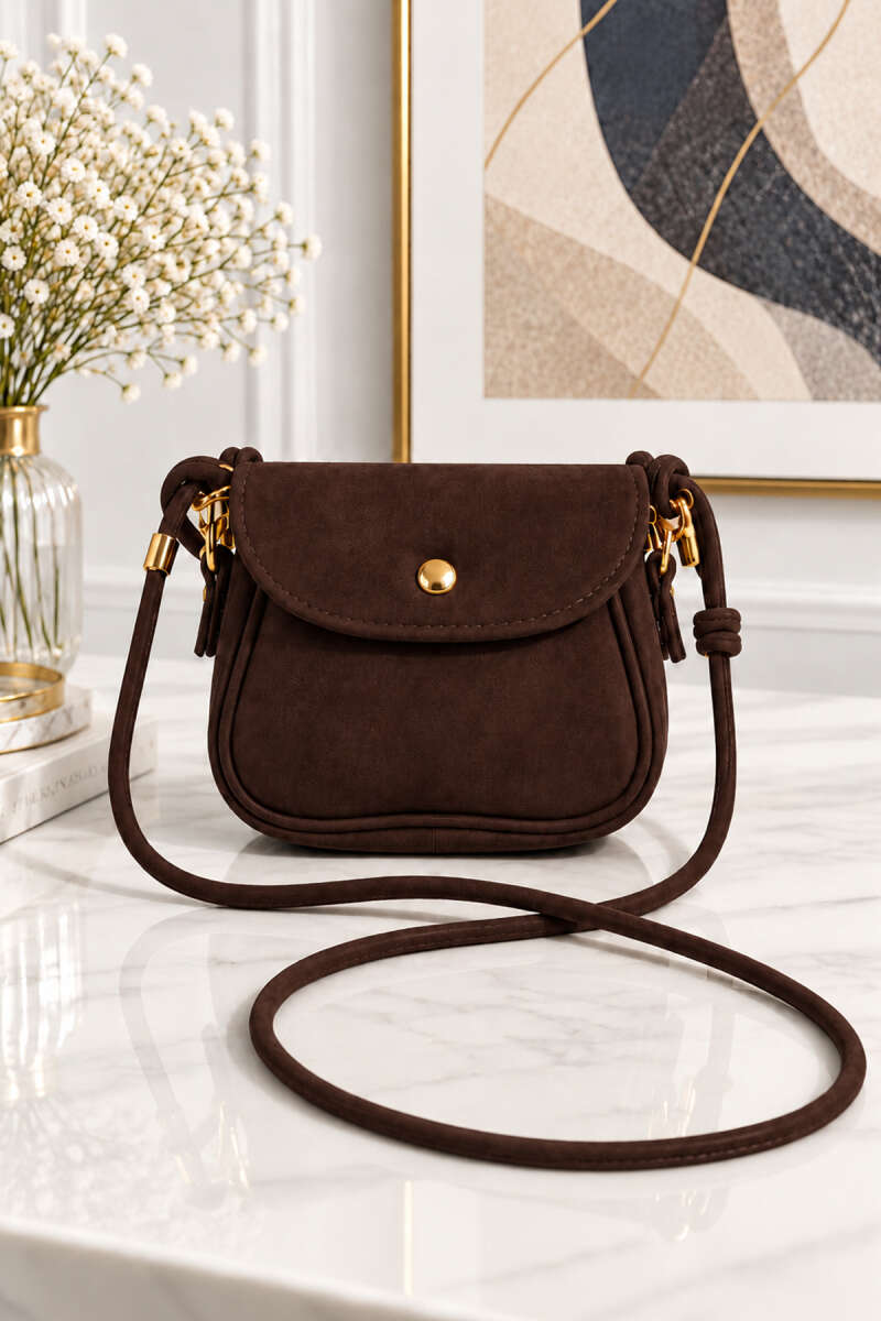 Mini Suede Crossbody Bag with Snap Closure - Dark Brown