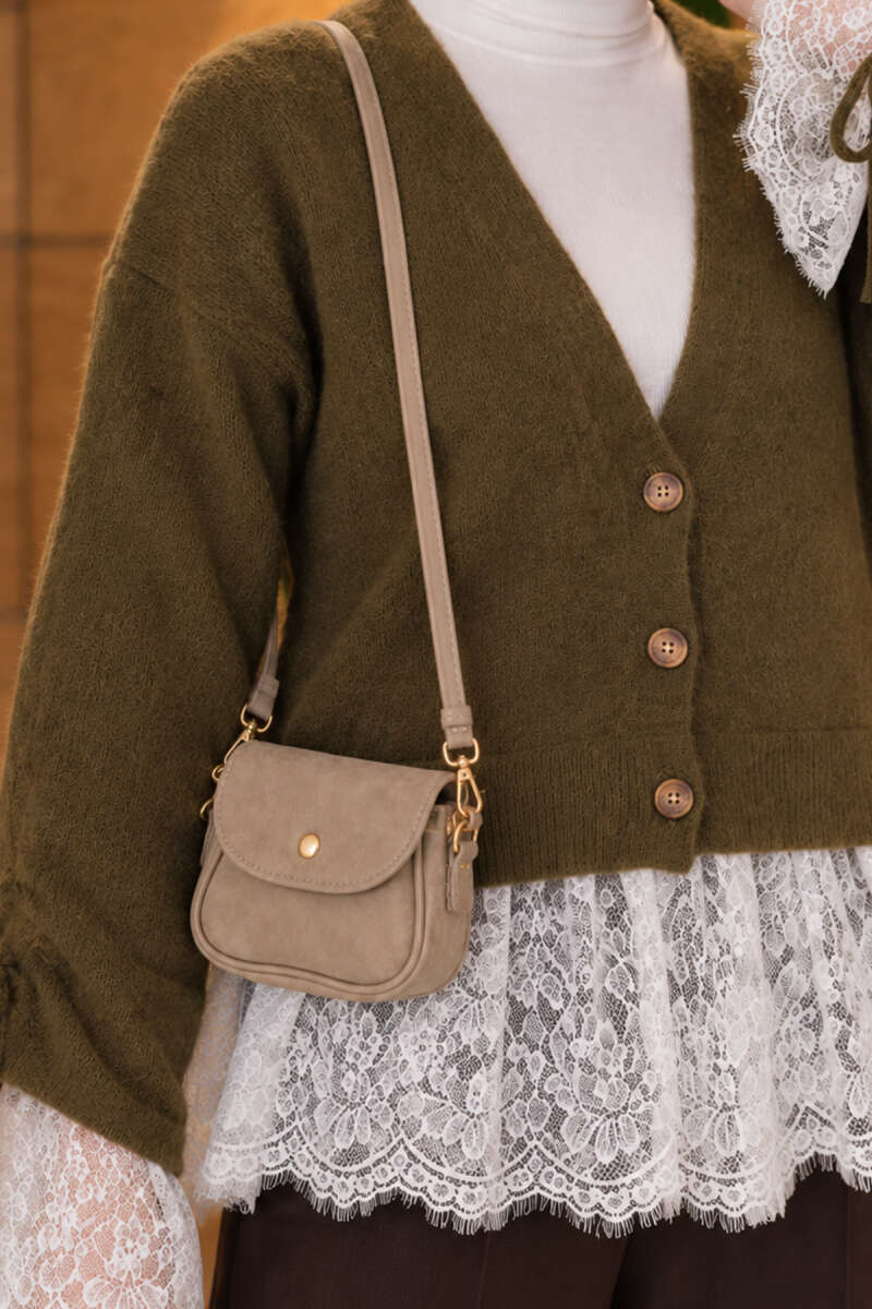 Mini Suede Crossbody Bag with Snap Closure - Beige