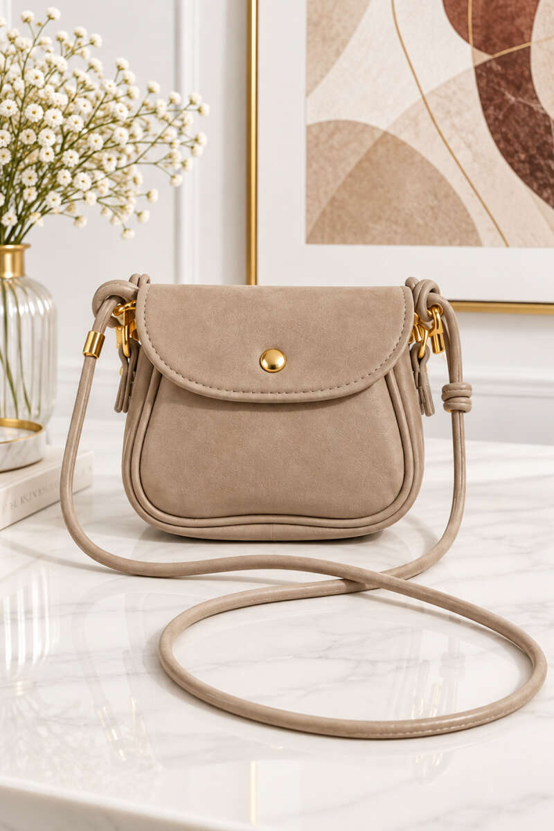 Mini Suede Crossbody Bag with Snap Closure - Beige