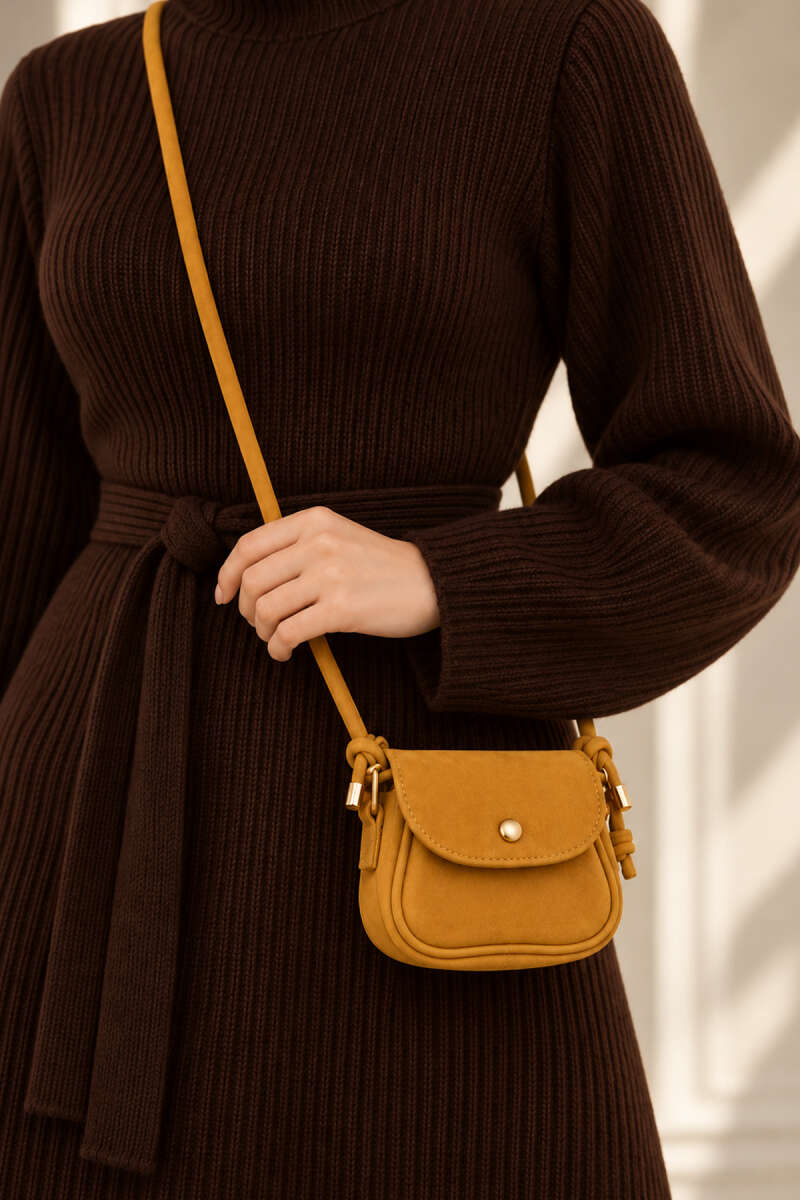 Mini Suede Crossbody Bag with Snap Closure - Mustard