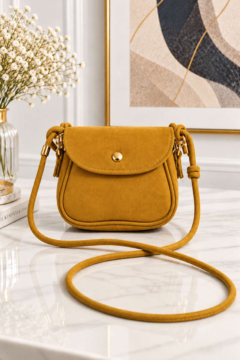 Mini Suede Crossbody Bag with Snap Closure - Mustard