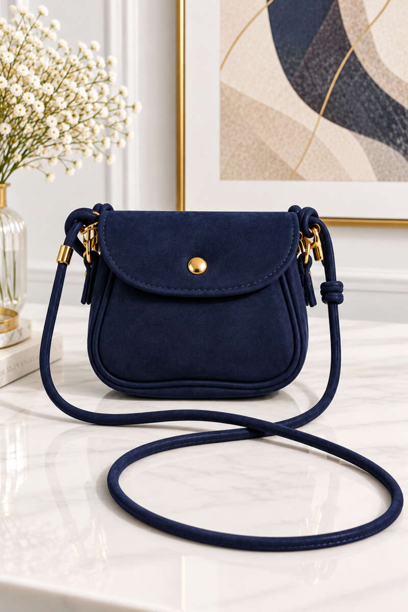 Mini Suede Crossbody Bag with Snap Closure - Navy
