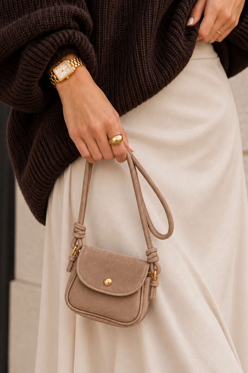 Mini Suede Crossbody Bag with Snap Closure - Latte
