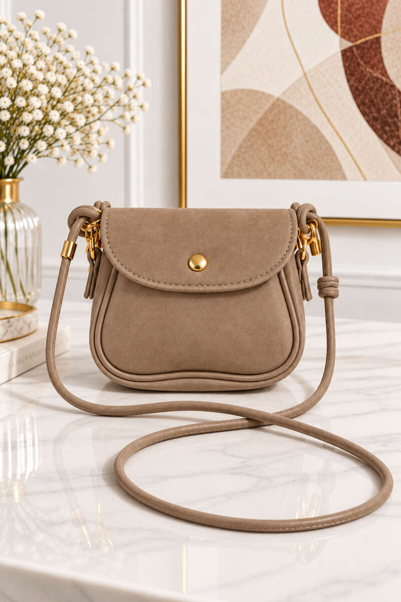 Mini Suede Crossbody Bag with Snap Closure - Latte