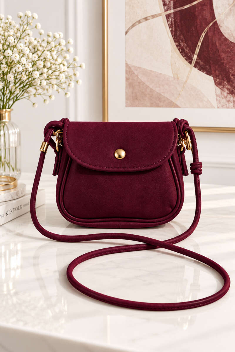 Mini Suede Crossbody Bag with Snap Closure - Plum