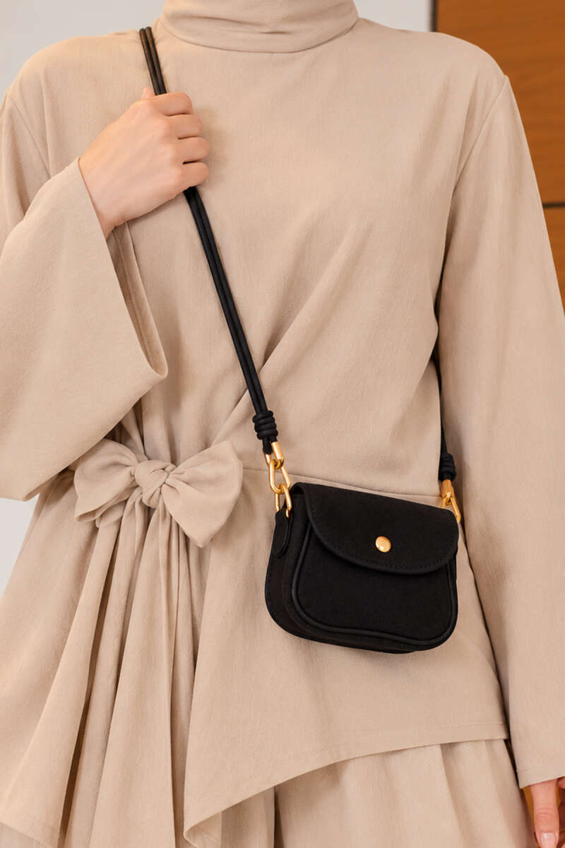 Mini Suede Crossbody Bag with Snap Closure - Black