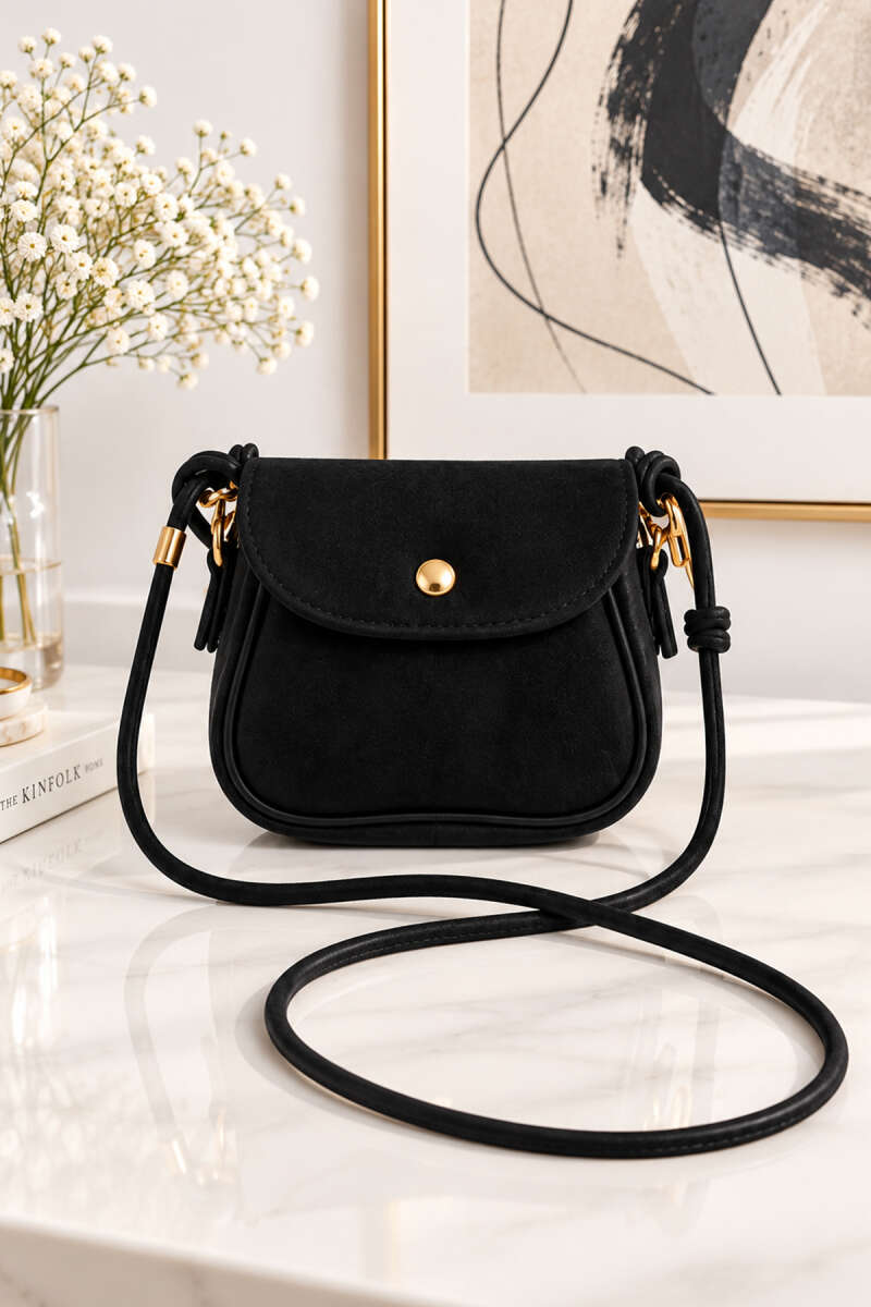 Mini Suede Crossbody Bag with Snap Closure - Black