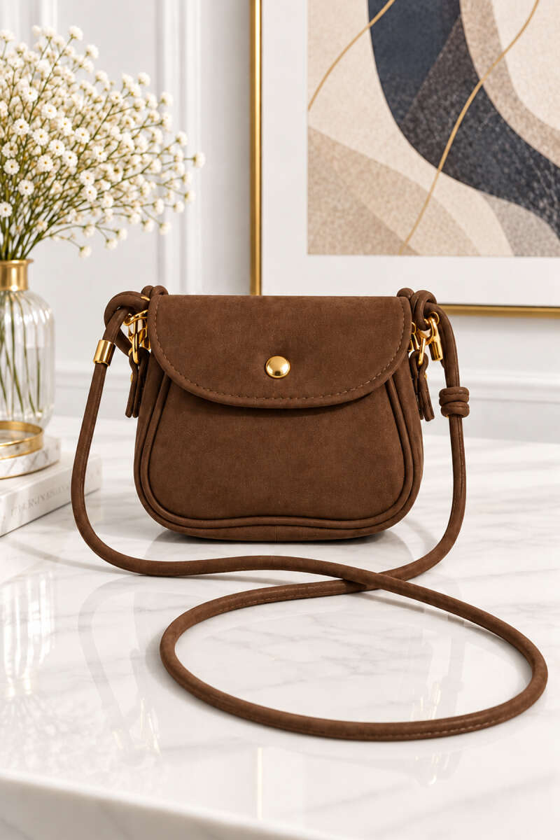 Mini Suede Crossbody Bag with Snap Closure - Tan