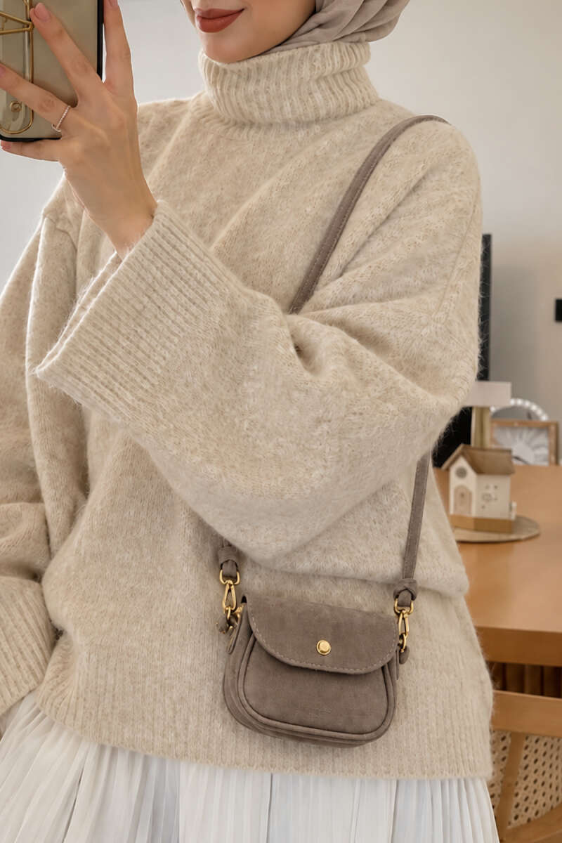 Mini Suede Crossbody Bag with Snap Closure - Mink