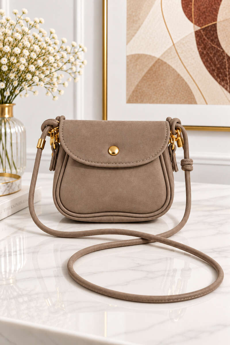 Mini Suede Crossbody Bag with Snap Closure - Mink