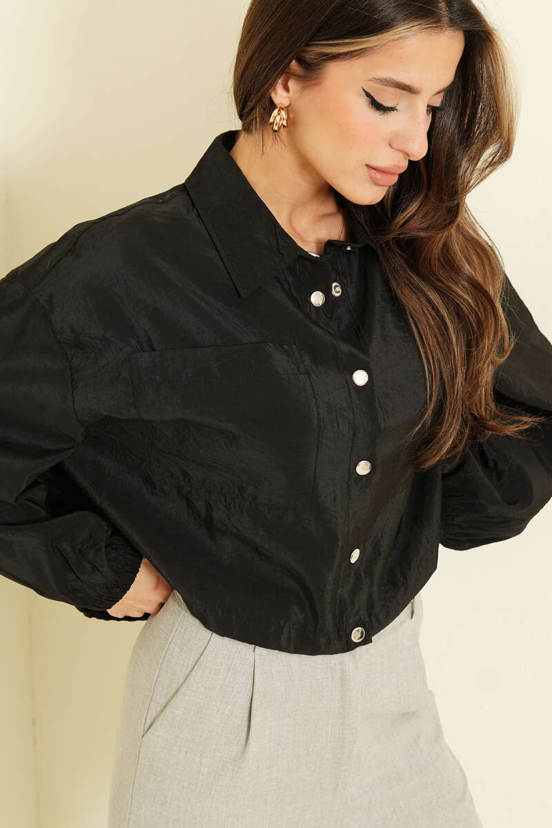 Short Parachute Snap-Button Shirt - Black