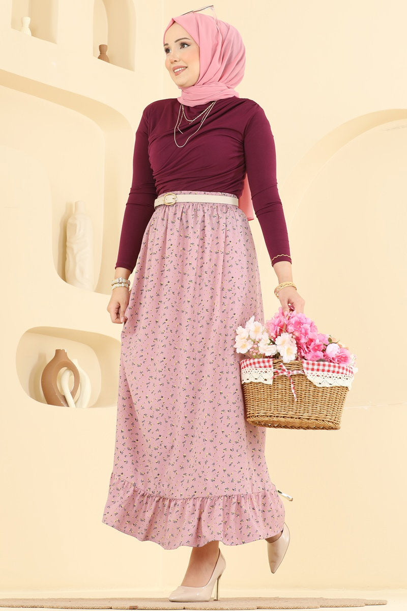 Ditsy-Print Skirt - Dusty Rose