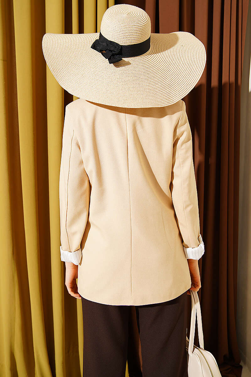 Button Blazer with Striped Lining - Beige