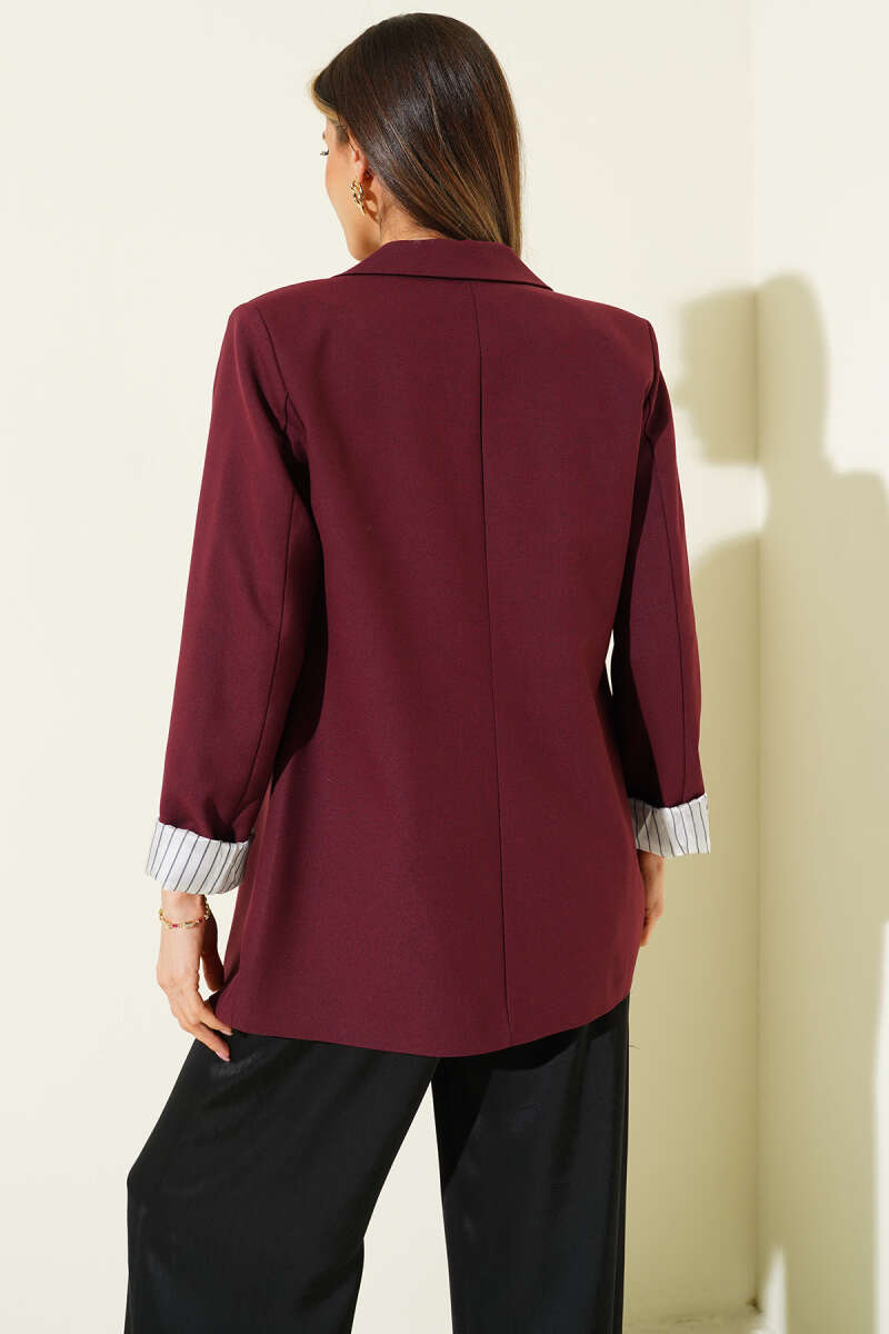 Button Blazer with Striped Lining - Burgundy