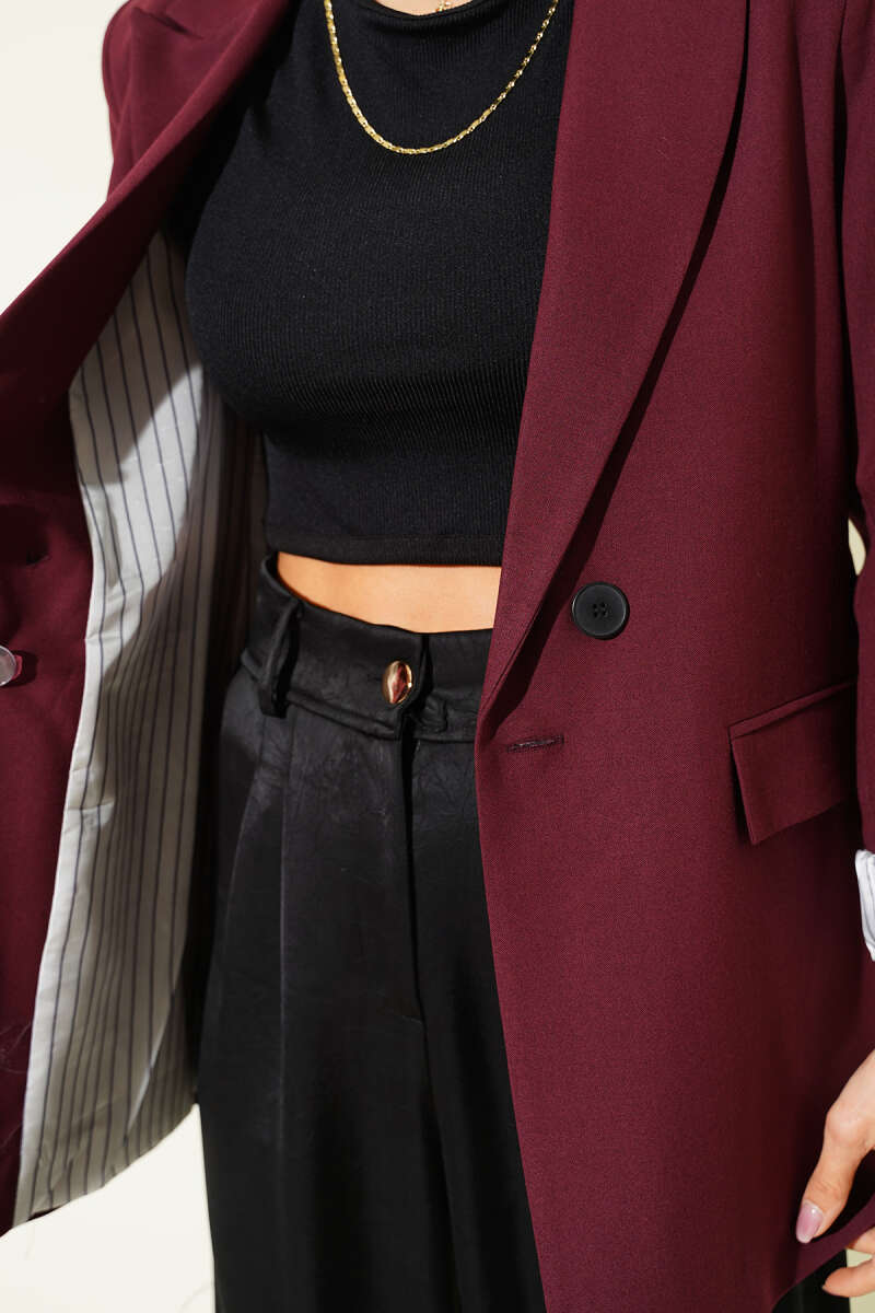 Button Blazer with Striped Lining - Burgundy