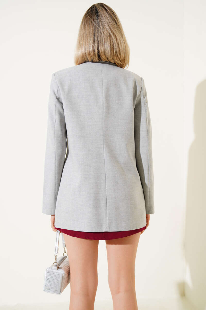 Button Blazer with Striped Lining - Grey
