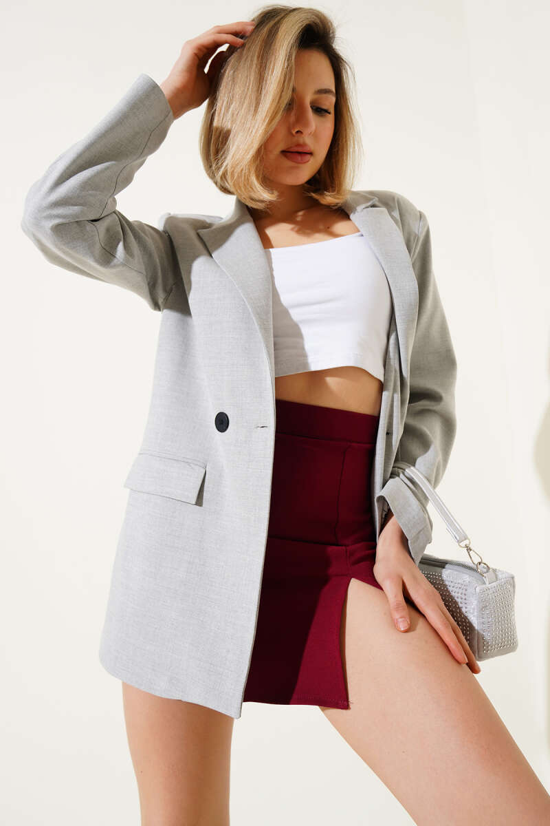 Button Blazer with Striped Lining - Grey