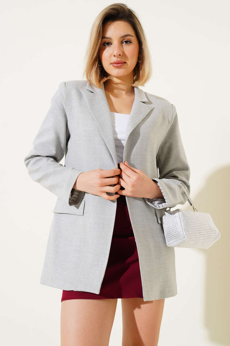 Button Blazer with Striped Lining - Grey