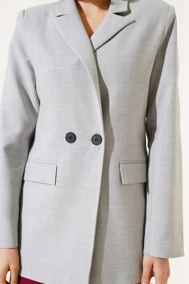 Button Blazer with Striped Lining - Grey
