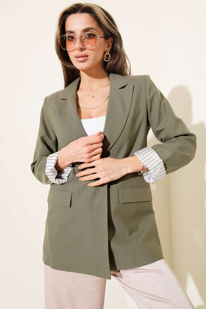 Button Blazer with Striped Lining - Khaki