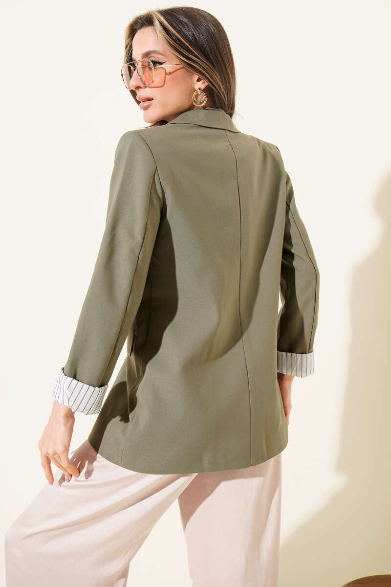 Button Blazer with Striped Lining - Khaki