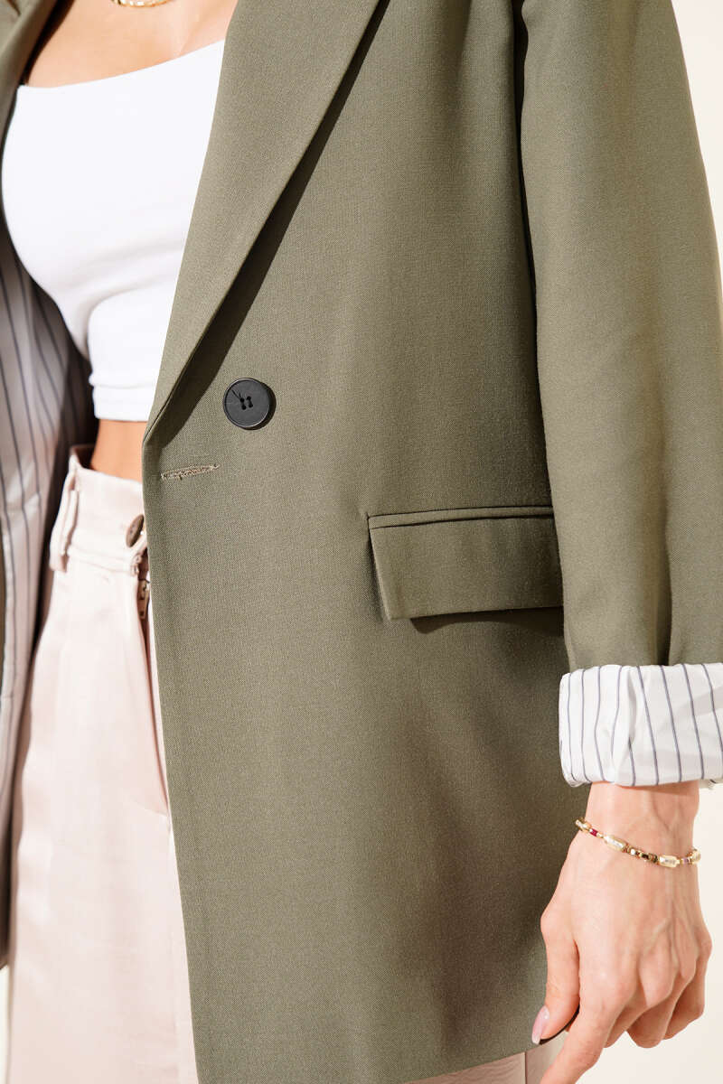 Button Blazer with Striped Lining - Khaki