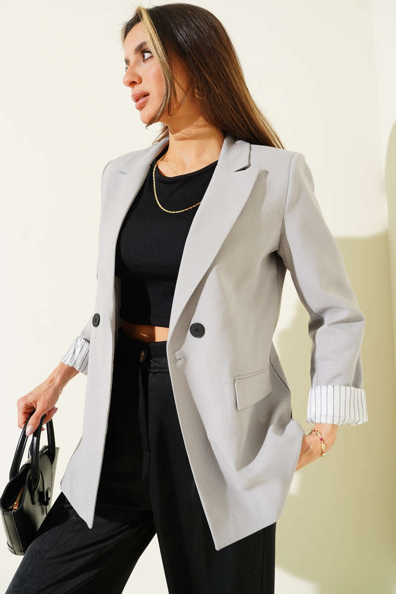 Button Blazer with Striped Lining - Slate Grey