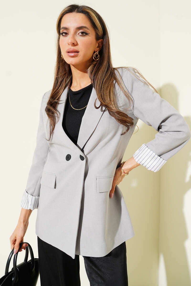 Button Blazer with Striped Lining - Slate Grey