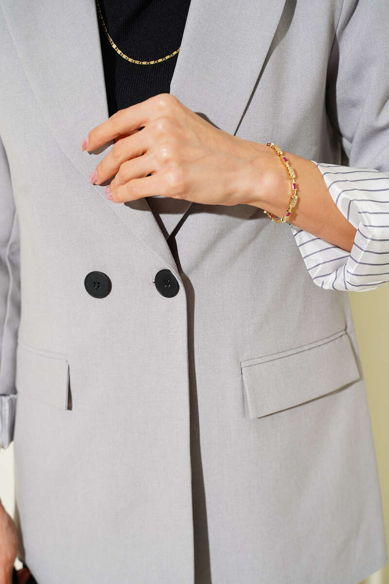 Button Blazer with Striped Lining - Slate Grey