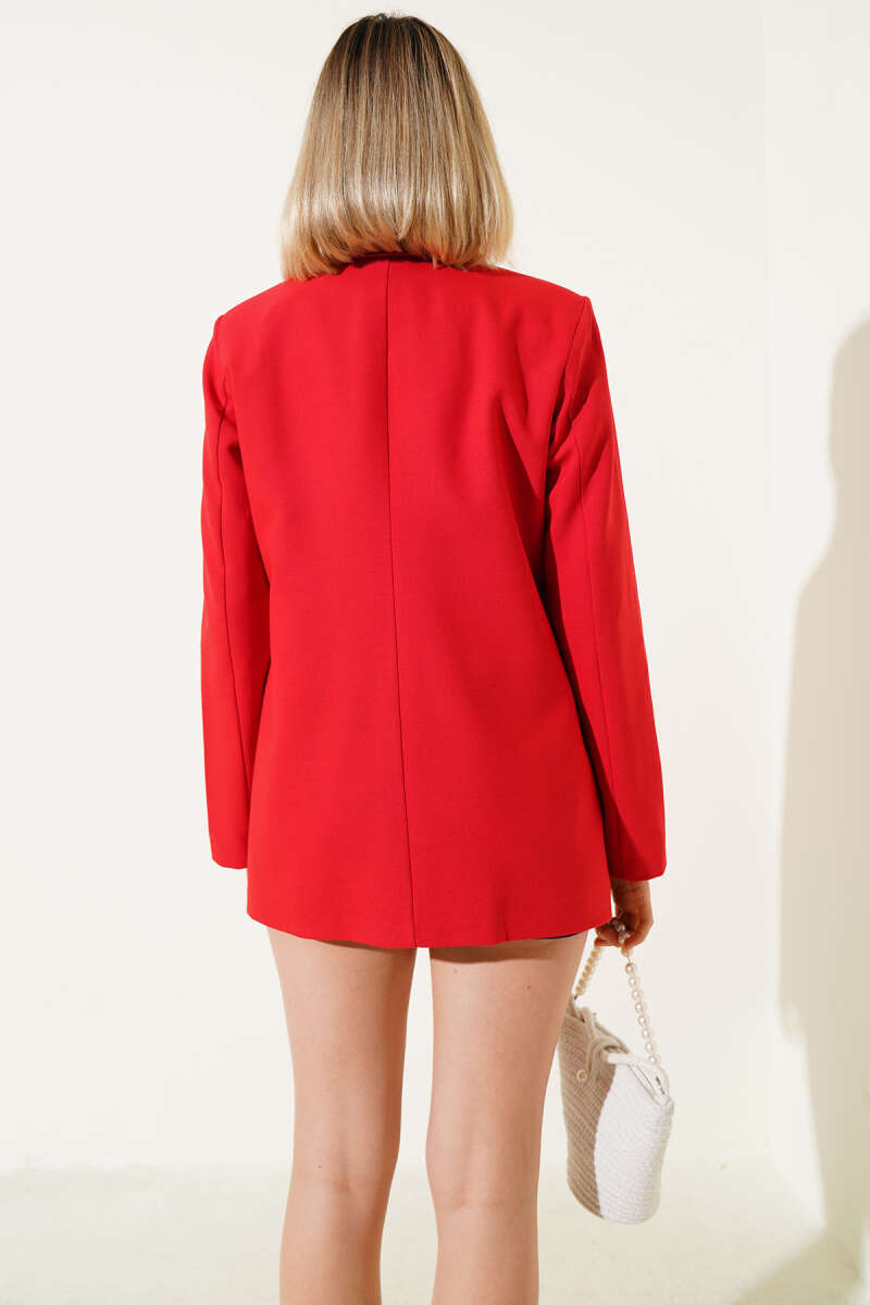 Button Blazer with Striped Lining - Red