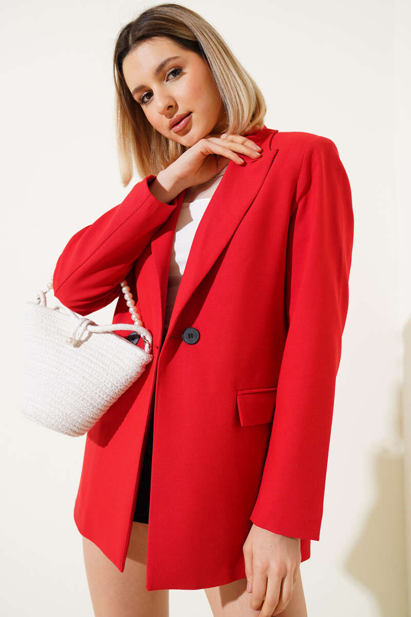 Button Blazer with Striped Lining - Red