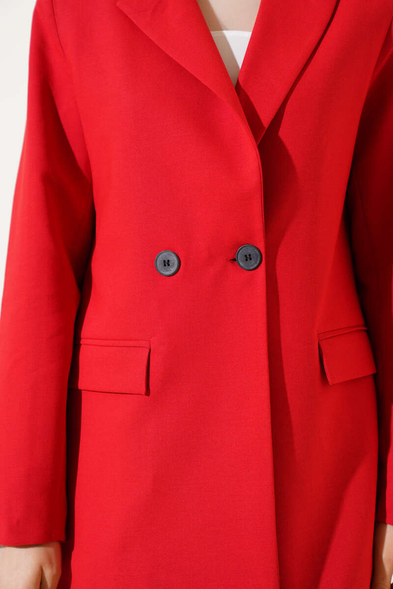 Button Blazer with Striped Lining - Red