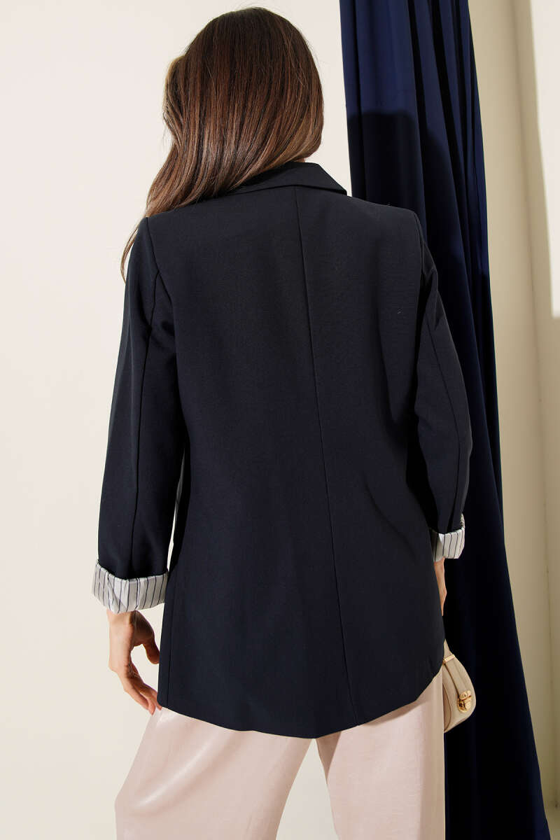 Button Blazer with Striped Lining - Navy