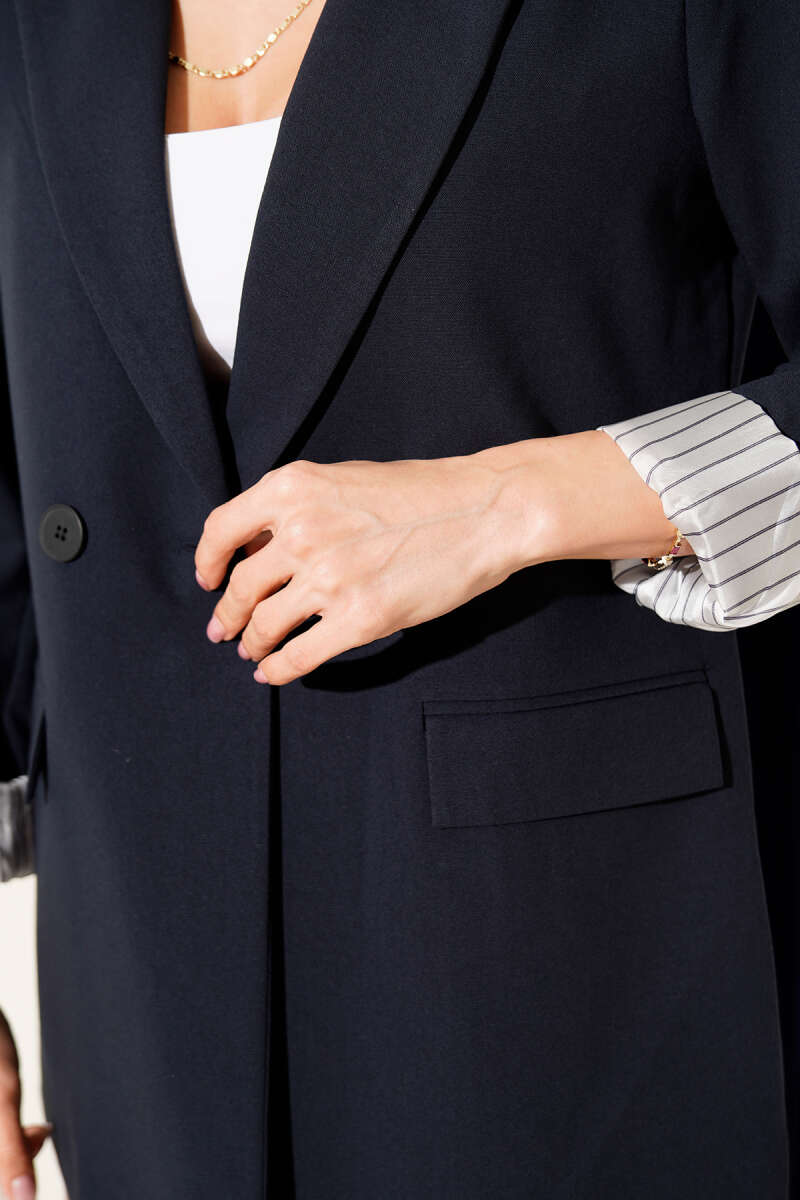 Button Blazer with Striped Lining - Navy
